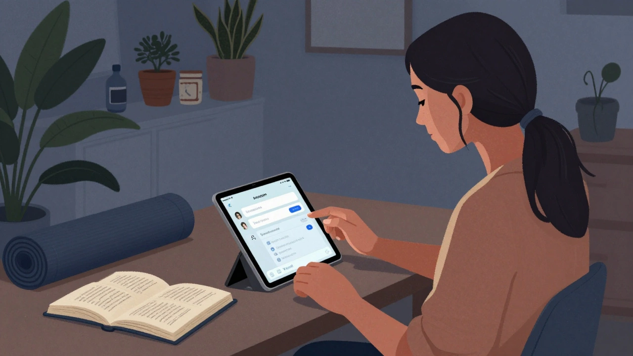 A woman uses a tablet in a calm, plant-filled room, her face lit by a screen, yoga mat nearby.