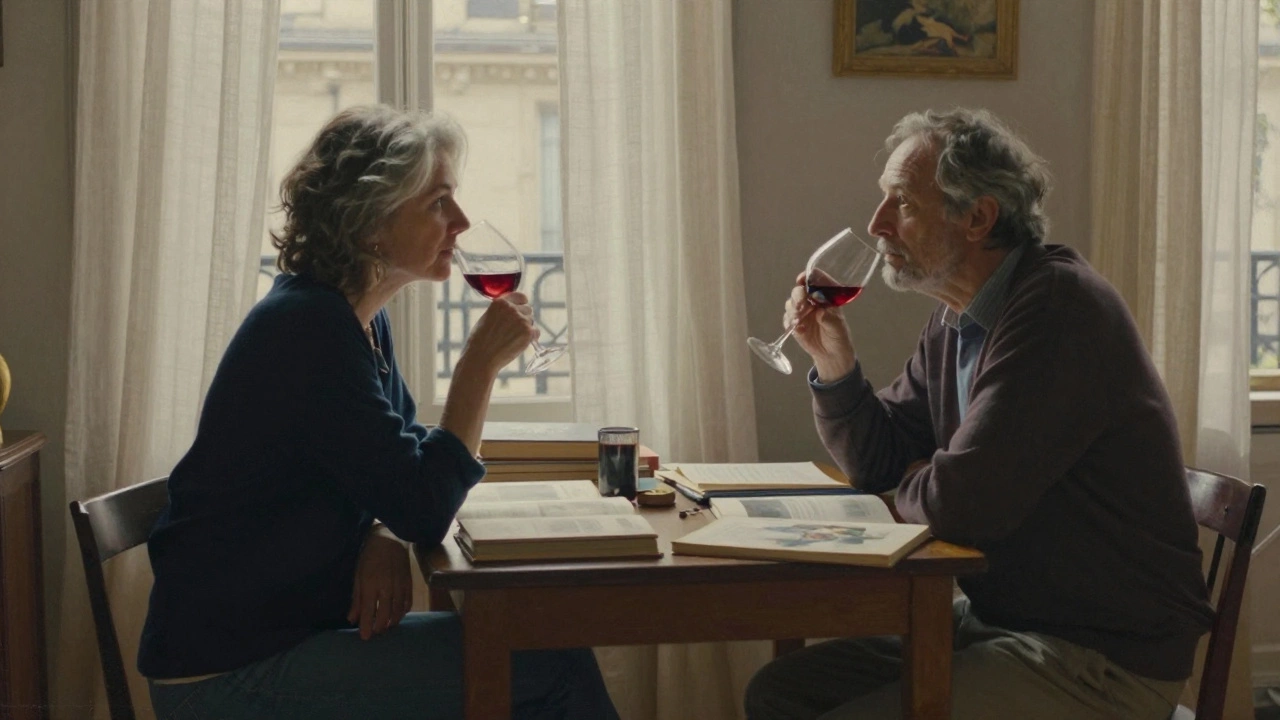 Two people share a quiet wine moment in a Paris apartment, surrounded by books and soft afternoon light.